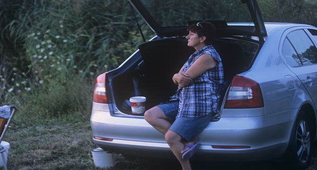 Person sitting in back of car in a green area